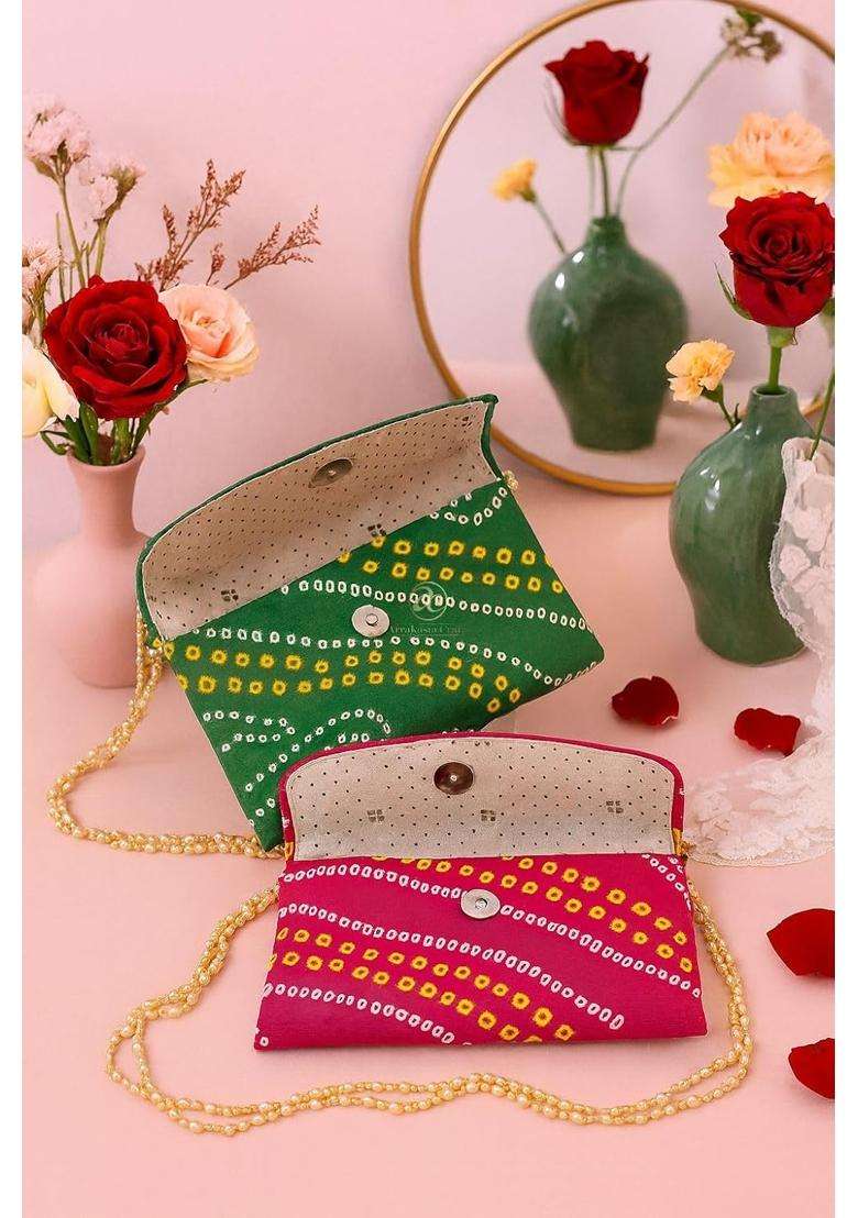 Arrakasta Crafts Assorted Bandhej Bandhani Patola Lotus Handbag Ethnic Clutch Purse for Women with Pearl - Indya