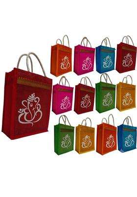 Maru Jute Bags with Ganesh and Kolam Design Multicolor Bags with Zip Thamboolam Bags Pack of 12