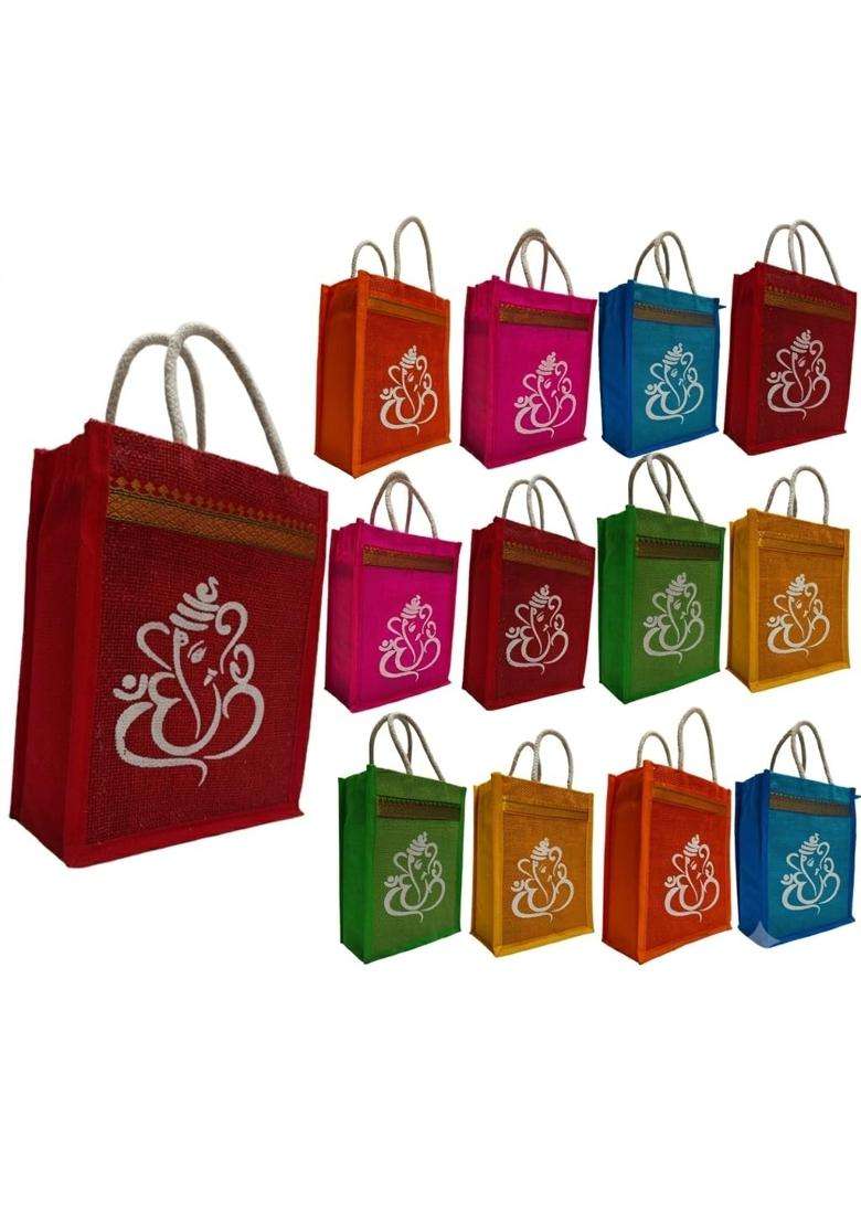 Maru Jute Bags with Ganesh and Kolam Design Multicolor Bags with Zip Thamboolam Bags Pack of 12 - Indya