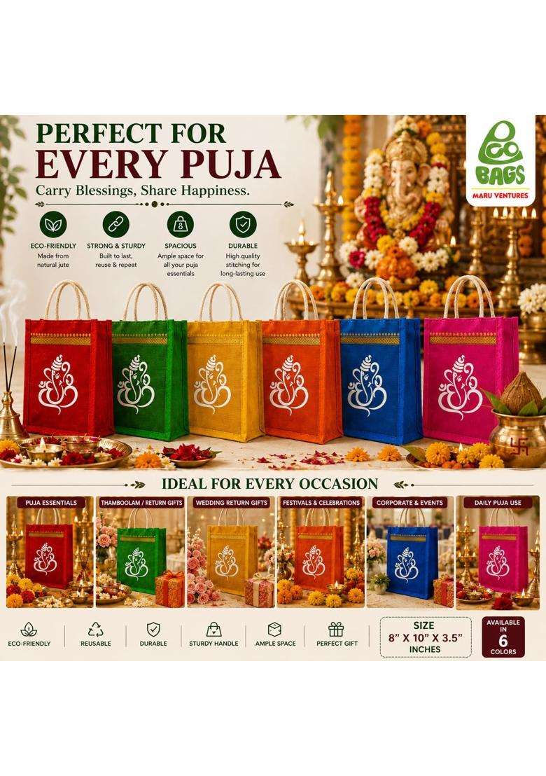 Maru Jute Bags with Ganesh and Kolam Design Multicolor Bags with Zip Thamboolam Bags Pack of 12 - Indya
