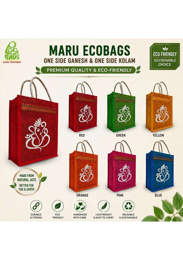 Maru Jute Bags with Ganesh and Kolam Design Multicolor Bags with Zip Thamboolam Bags Pack of 12 - Indya