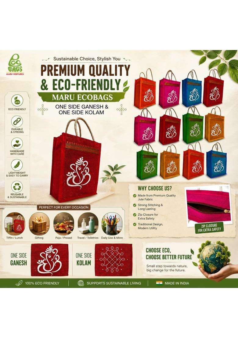 Maru Jute Bags with Ganesh and Kolam Design Multicolor Bags with Zip Thamboolam Bags Pack of 12 - Indya