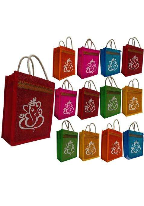 Maru Jute Bags with Ganesh and Kolam Design Multicolor Bags with Zip Thamboolam Bags Pack of 12
