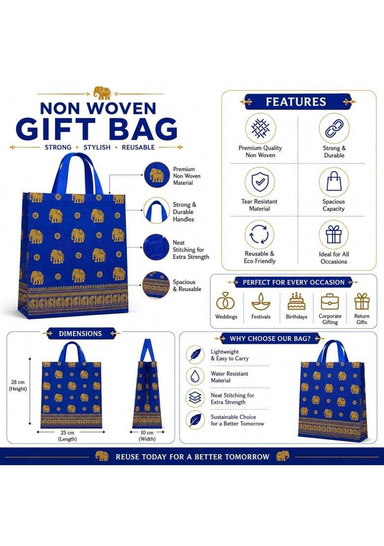 Cantainoo Gift Bags Medium Size Royal Blue Elephant Non Woven Return Gifts Bag for Adults and Kids Pack of 10 - Indya