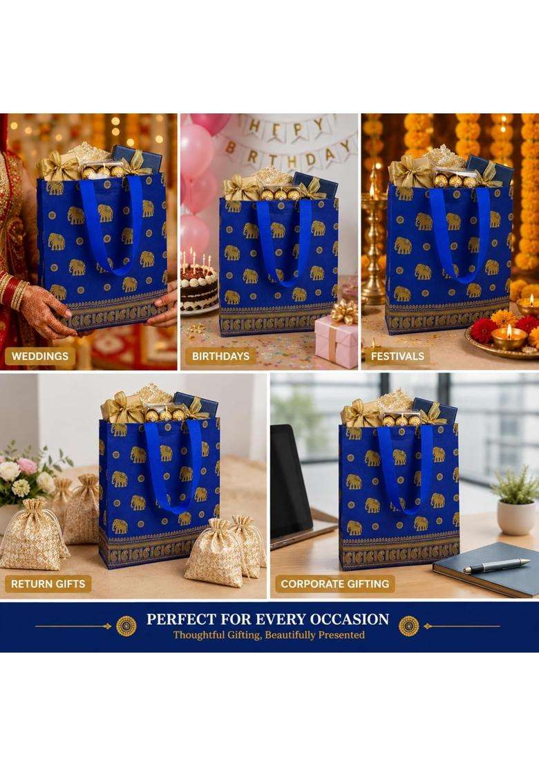 Cantainoo Gift Bags Medium Size Royal Blue Elephant Non Woven Return Gifts Bag for Adults and Kids Pack of 10 - Indya