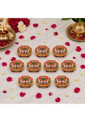 Handicrafts Paradise Multicolour 4 X 4 Inch Marble Pooja Chowki with Lotus and Peacock Painted Set of 10