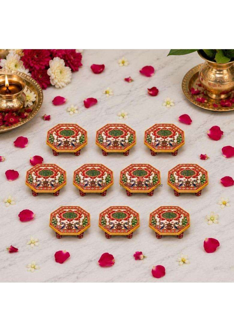 Handicrafts Paradise Multicolour 4 X 4 Inch Marble Pooja Chowki with Lotus and Peacock Painted Set of 10 - Indya