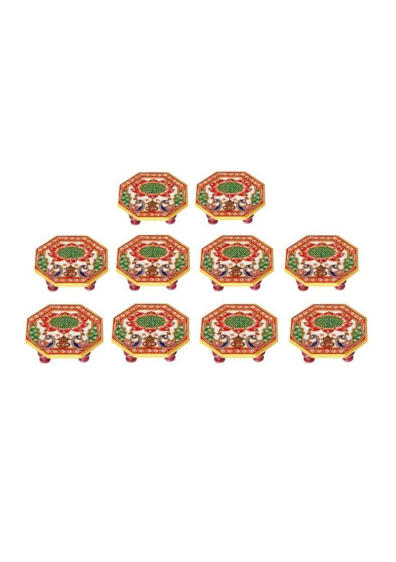 Handicrafts Paradise Multicolour 4 X 4 Inch Marble Pooja Chowki with Lotus and Peacock Painted Set of 10 - Indya