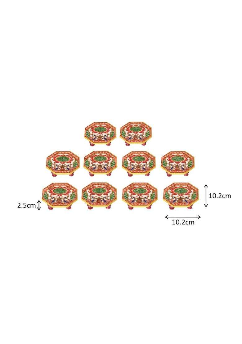 Handicrafts Paradise Multicolour 4 X 4 Inch Marble Pooja Chowki with Lotus and Peacock Painted Set of 10 - Indya