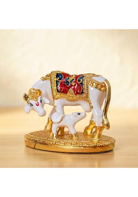 House of Wemy White Resin Kamdhenu Cow with Calf Statue for Vastu and Good Luck Show Piece