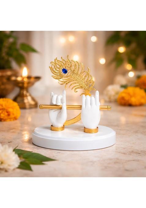 Craftvatika Goldplated Krishna Hand with Flute Idol Peacock Feather Mor Pankh Showpiece Housewarming Gift