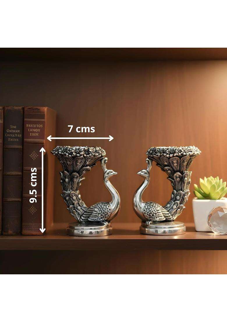 Dev Aastha 999 Silver Plated Peacock Idol 9 and Half CM Height Pack of 2 - Indya