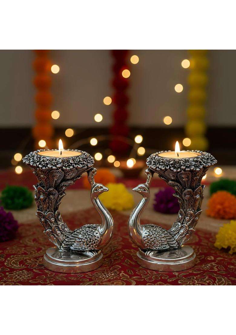 Dev Aastha 999 Silver Plated Peacock Idol 9 and Half CM Height Pack of 2 - Indya