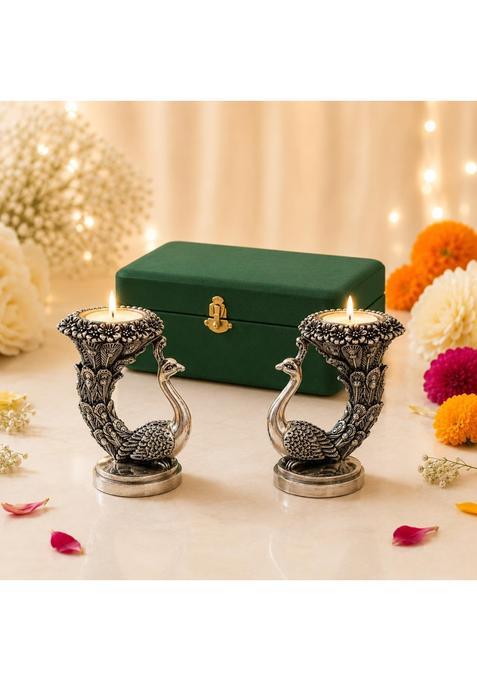 Dev Aastha 999 Silver Plated Peacock Idol 9 and Half CM Height Pack of 2
