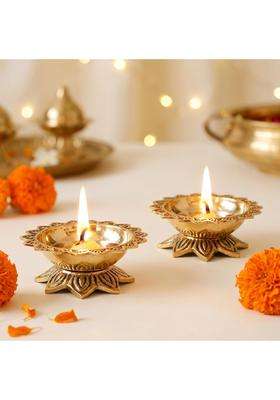 Behoma Gold 100 Percent Pure Brass Handcrafted Padma Diya for Puja Set of 2