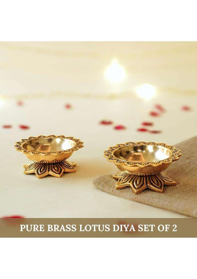 Behoma Gold 100 Percent Pure Brass Handcrafted Padma Diya for Puja Set of 2 - Indya