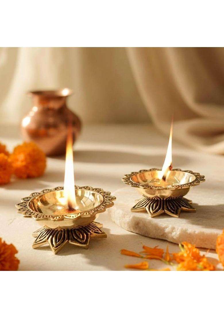 Behoma Gold 100 Percent Pure Brass Handcrafted Padma Diya for Puja Set of 2 - Indya
