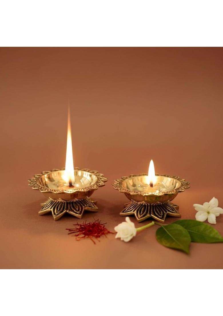 Behoma Gold 100 Percent Pure Brass Handcrafted Padma Diya for Puja Set of 2 - Indya