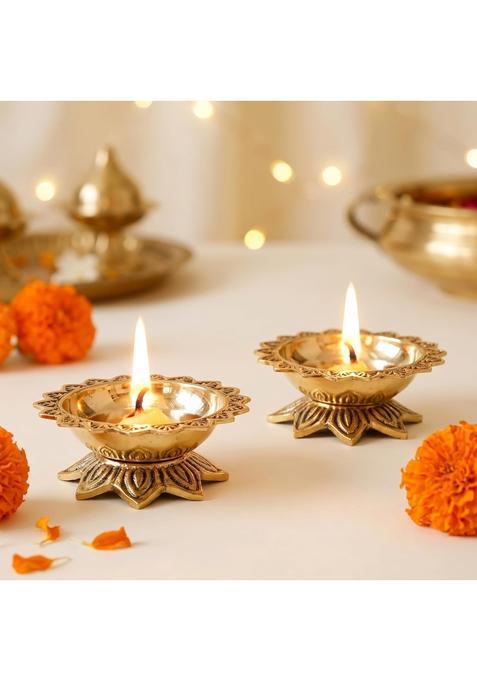 Behoma Gold 100 Percent Pure Brass Handcrafted Padma Diya for Puja Set of 2