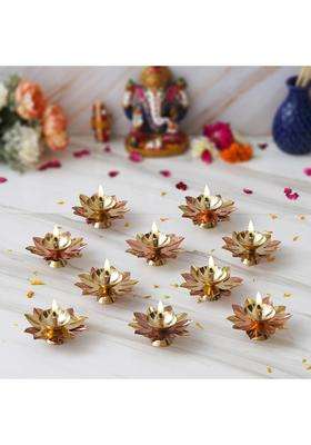 Ecraftindia Golden Lotus Flower Shape Decorative Brass Diyas for Diwali Pooja Set of 10