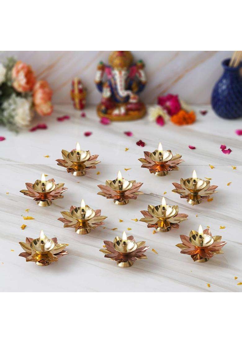 Ecraftindia Golden Lotus Flower Shape Decorative Brass Diyas for Diwali Pooja Set of 10 - Indya