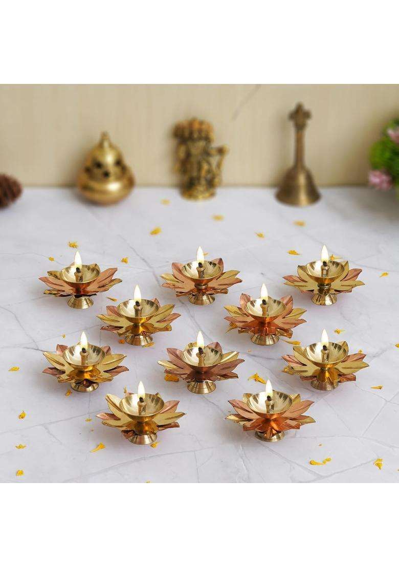 Ecraftindia Golden Lotus Flower Shape Decorative Brass Diyas for Diwali Pooja Set of 10 - Indya