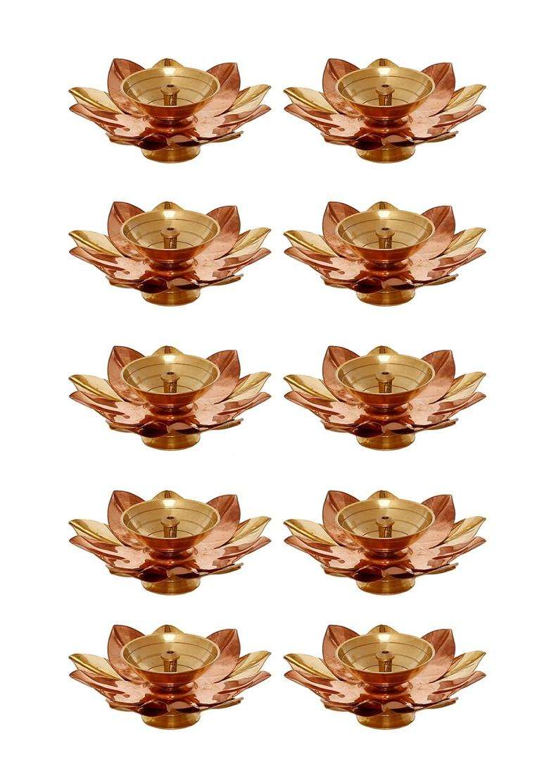 Ecraftindia Golden Lotus Flower Shape Decorative Brass Diyas for Diwali Pooja Set of 10 - Indya