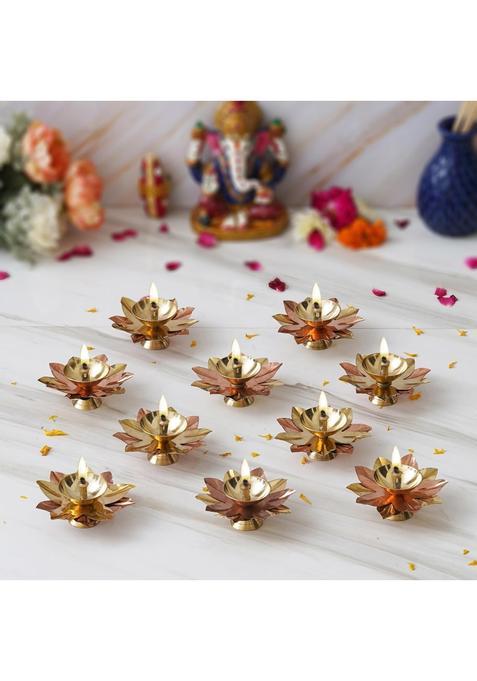 Ecraftindia Golden Lotus Flower Shape Decorative Brass Diyas for Diwali Pooja Set of 10