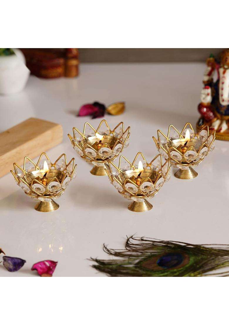 Ecraftindia Golden Lotus Flower Shape Crystal Brass Diyas for Diwali Pooja Housewarming Set of 4 - Indya