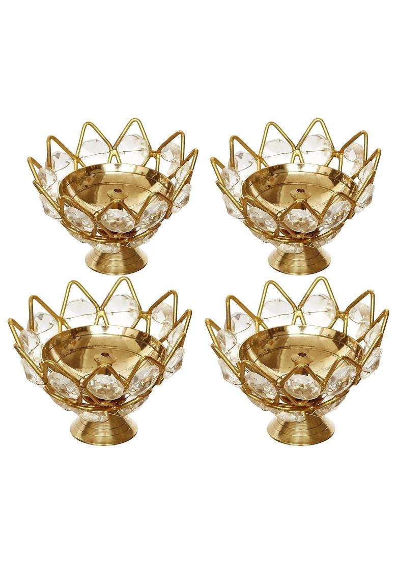 Ecraftindia Golden Lotus Flower Shape Crystal Brass Diyas for Diwali Pooja Housewarming Set of 4 - Indya