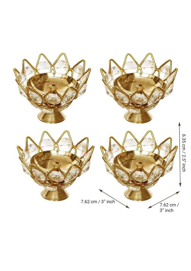 Ecraftindia Golden Lotus Flower Shape Crystal Brass Diyas for Diwali Pooja Housewarming Set of 4 - Indya