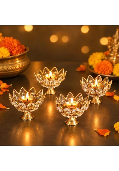 Ecraftindia Golden Lotus Flower Shape Crystal Brass Diyas for Diwali Pooja Housewarming Set of 4