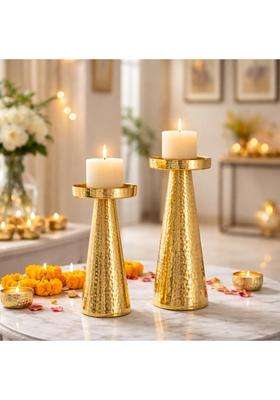 Centralit Candle Stand for Home Decor Modern Hammered Candle Holder Stand with Brass Gold Finish Set of 2
