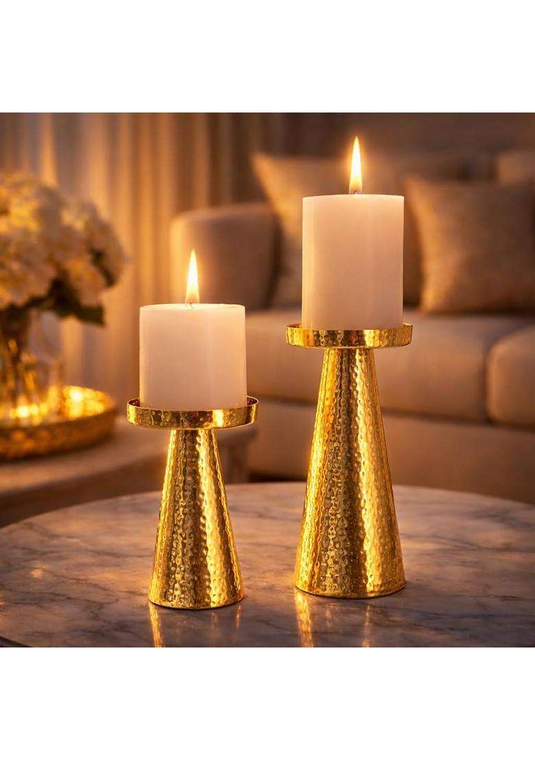 Centralit Candle Stand for Home Decor Modern Hammered Candle Holder Stand with Brass Gold Finish Set of 2 - Indya