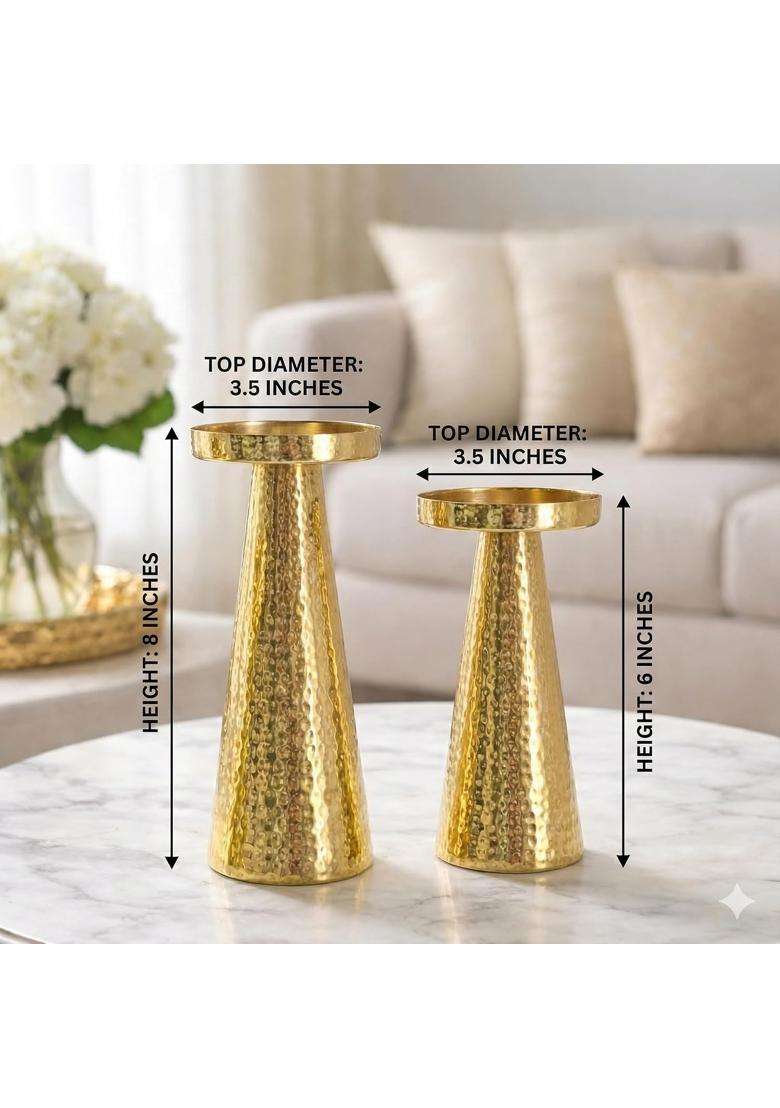Centralit Candle Stand for Home Decor Modern Hammered Candle Holder Stand with Brass Gold Finish Set of 2 - Indya