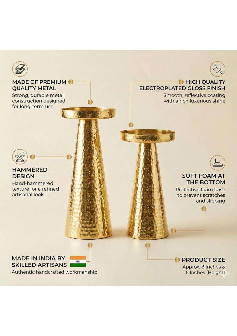 Centralit Candle Stand for Home Decor Modern Hammered Candle Holder Stand with Brass Gold Finish Set of 2 - Indya