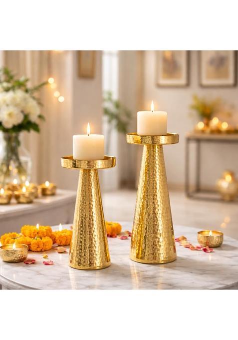 Centralit Candle Stand for Home Decor Modern Hammered Candle Holder Stand with Brass Gold Finish Set of 2