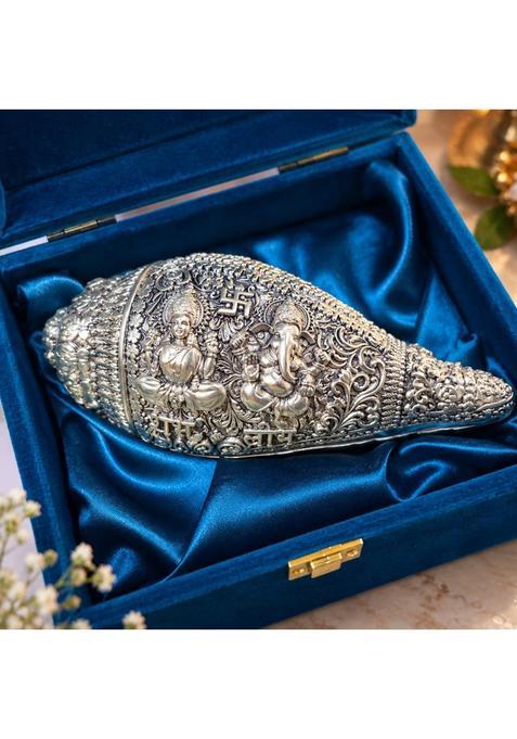 Gold Art India Lakshmi Ganesh Shankh with Sacred Yantra and Shubh Labh Engraving