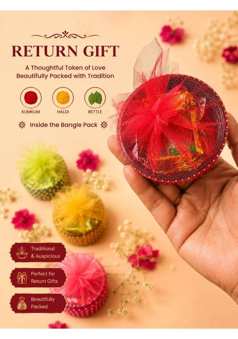 Multicolour Haldi Kumkum Blouse Return Gifts Pasupu Kumkuma Manjal Kumkum Packets with Bangles Set of 10 - Indya
