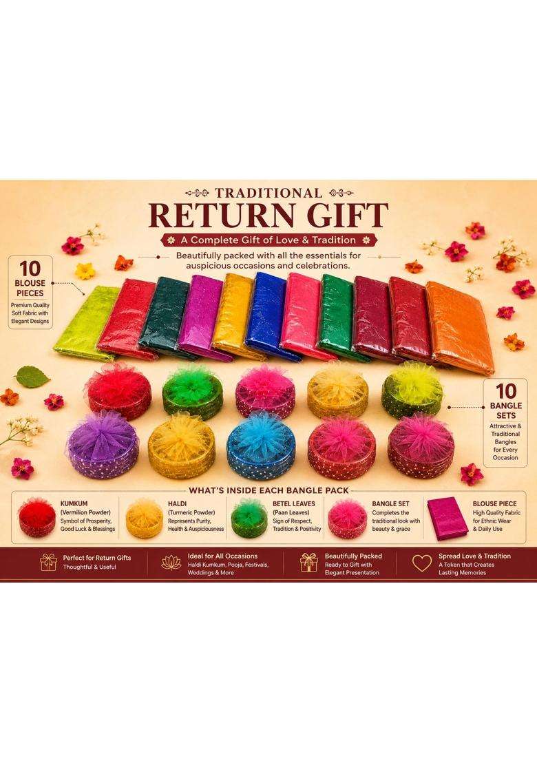 Multicolour Haldi Kumkum Blouse Return Gifts Pasupu Kumkuma Manjal Kumkum Packets with Bangles Set of 10 - Indya