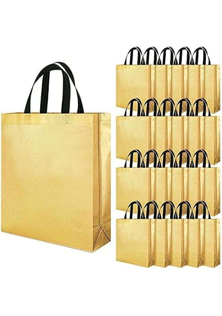 Havenza Golden Gift Bag Medium Size L13 X W12 X D4 Inch Resuable Non Woven Shiny Metallic Laminated Pack of 20 - Indya