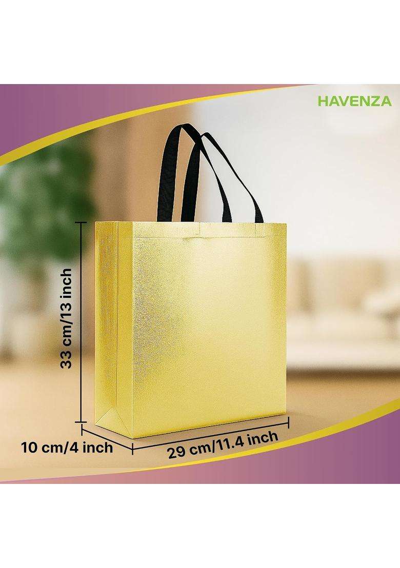 Havenza Golden Gift Bag Medium Size L13 X W12 X D4 Inch Resuable Non Woven Shiny Metallic Laminated Pack of 20 - Indya