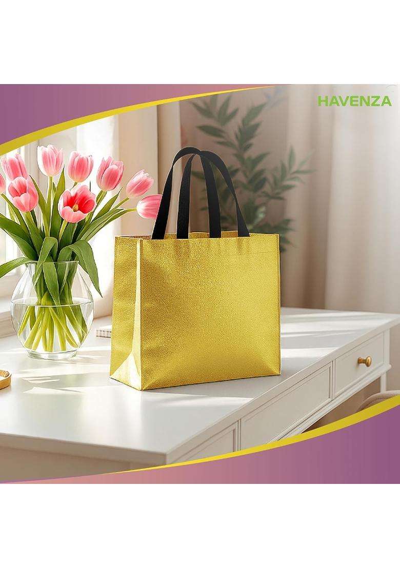 Havenza Golden Gift Bag Medium Size L13 X W12 X D4 Inch Resuable Non Woven Shiny Metallic Laminated Pack of 20 - Indya