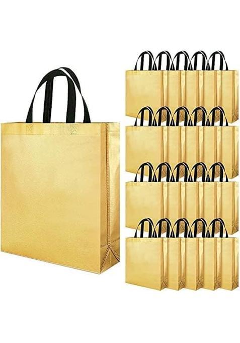 Havenza Golden Gift Bag Medium Size L13 X W12 X D4 Inch Resuable Non Woven Shiny Metallic Laminated Pack of 20