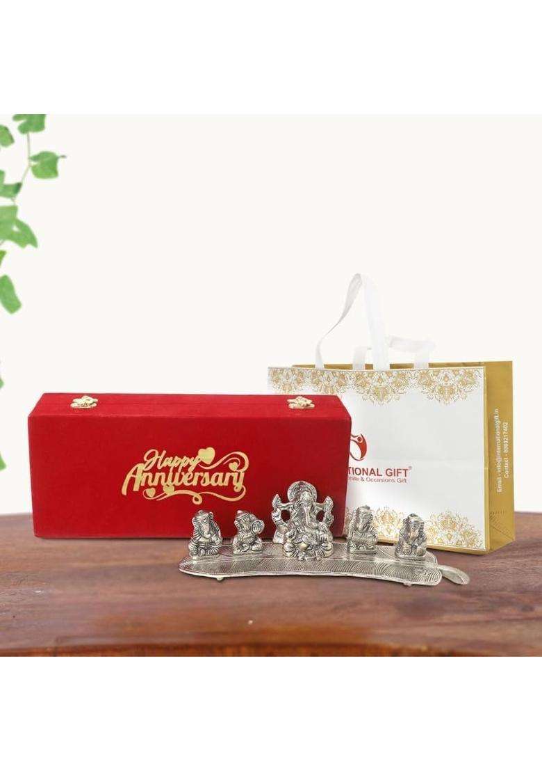 International Gift Silver Plated Musical Ganesh God with Beautiful Happy Box and Carry Bag with 1 Year - Indya