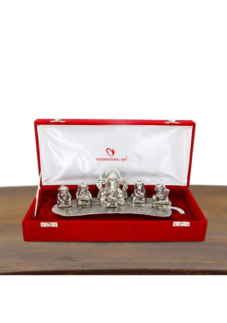 International Gift Silver Plated Musical Ganesh God with Beautiful Happy Box and Carry Bag with 1 Year - Indya