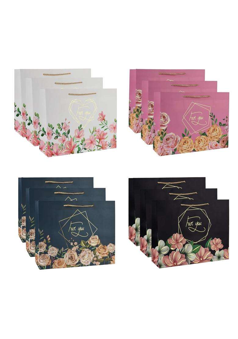 Lavya Medium Size Flower Print Gold Foil Work Paper Gift Bags Pack of 12 - Indya
