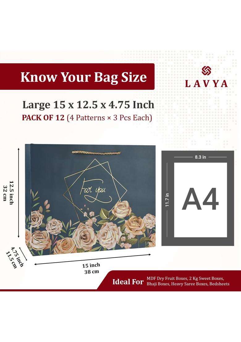 Lavya Medium Size Flower Print Gold Foil Work Paper Gift Bags Pack of 12 - Indya