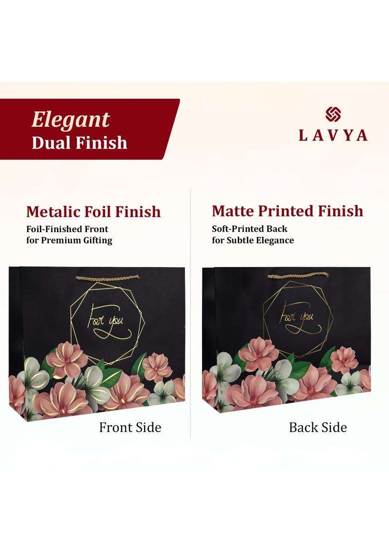 Lavya Medium Size Flower Print Gold Foil Work Paper Gift Bags Pack of 12 - Indya