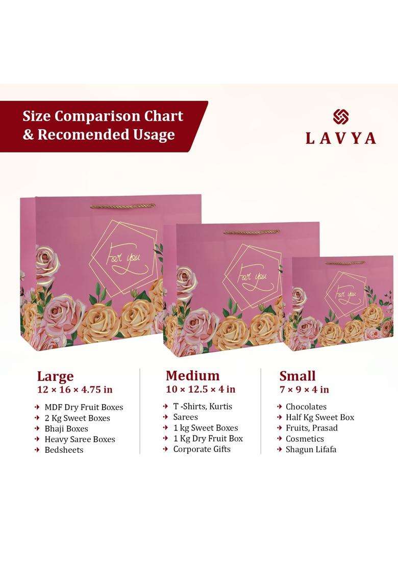Lavya Medium Size Flower Print Gold Foil Work Paper Gift Bags Pack of 12 - Indya